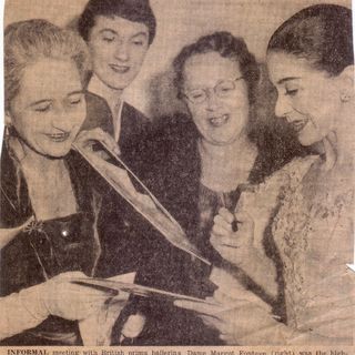 Dame Margot Fonteyn with QBS Executive Committee members, L to R: Treasurer Flora Hetherington, Vice President Audrey Brotherton and President Daphne Sapsford. The Courier-Mail 1957, date unknown.