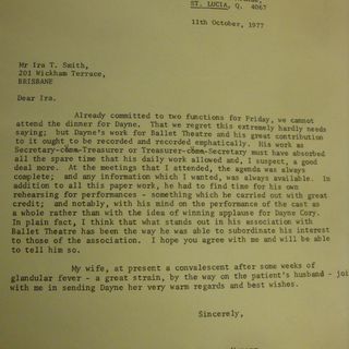 Letter of appreciation from BTQ President Sir Mostyn Hanger, K.B.E. via Chairman Ira Smith, October 1977