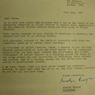 Letter of appreciation from BTQ President Sir Mostyn Hanger, K.B.E to Dayne Cory, July 1977