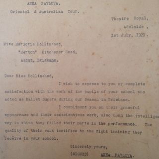 Thank-you letter (unsigned copy) from Anna Pavlova to Marjorie Hollinshed - 1st July 1929