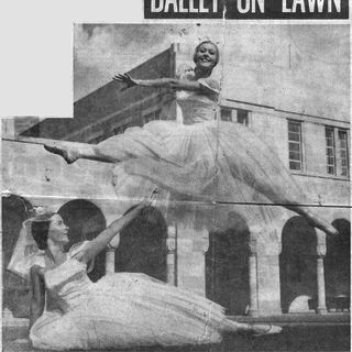 BTQ dancers Diana Langan & Kay Egerton at the University of Queensland. The Sunday Mail, date unknown. Courtesy Kay Innes (née Egerton).