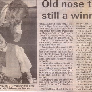 Rebecca Newsham as Pinocchio & Leslie White as Gepetto. The Courier Mail, 8 April 1996.
