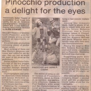 Madeleine Rothwell as Pinocchio & Rebecca Grennan as James A. Cricket. The Courier Mail, 24 January 1996.