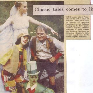 Clockwise from top: Rebecca Keating as the Fairy, Leslie White as Gepetto, Rebecca Grennan as Jimmy Cricket & Rebecca Newsham as Pinocchio. Gold Coast Mail, 10 January 1996.